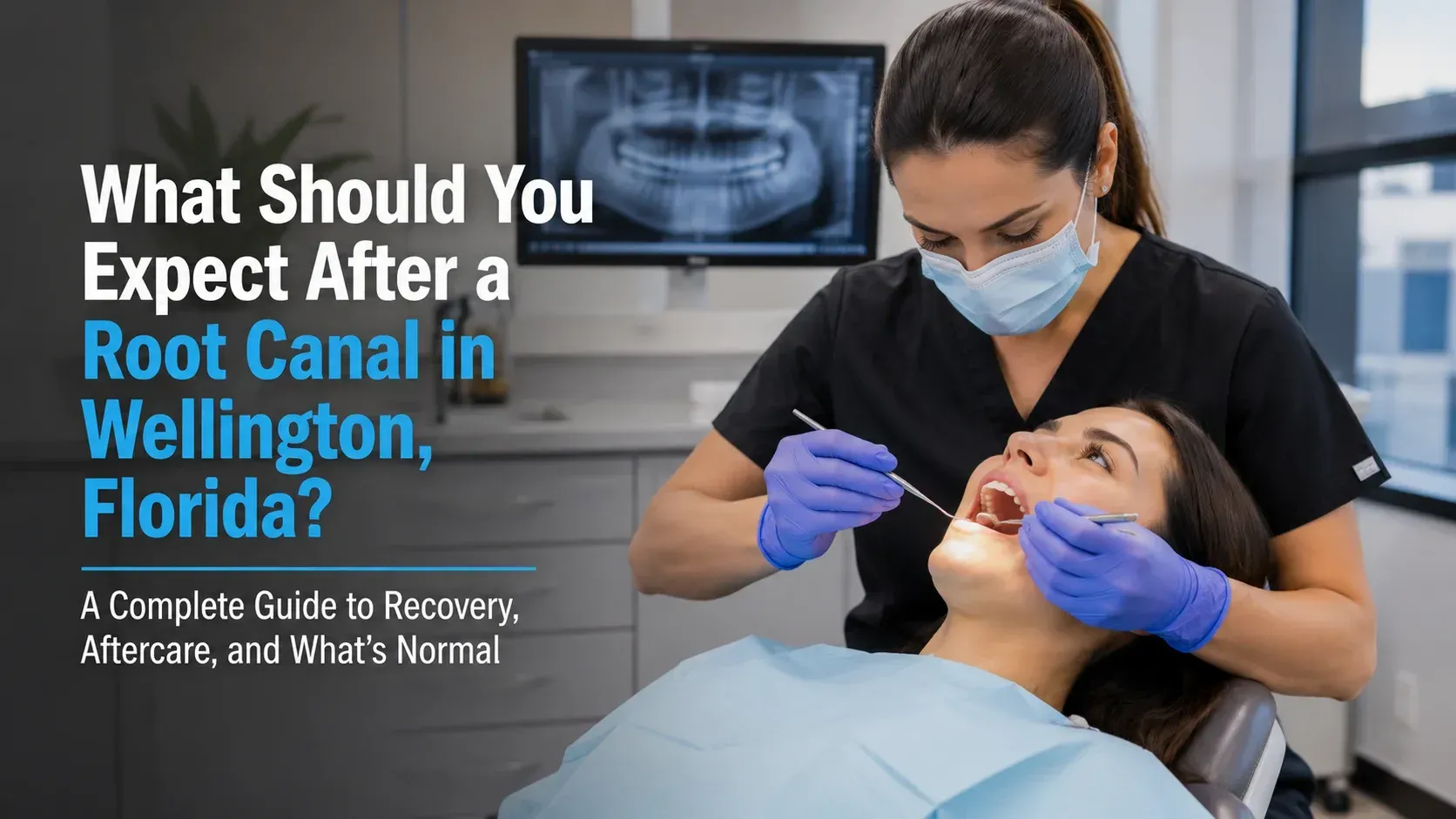 A female dentist examining a patient's teeth in a modern dental clinic, illustrating what should you expect after a root canal in Wellington, Florida.