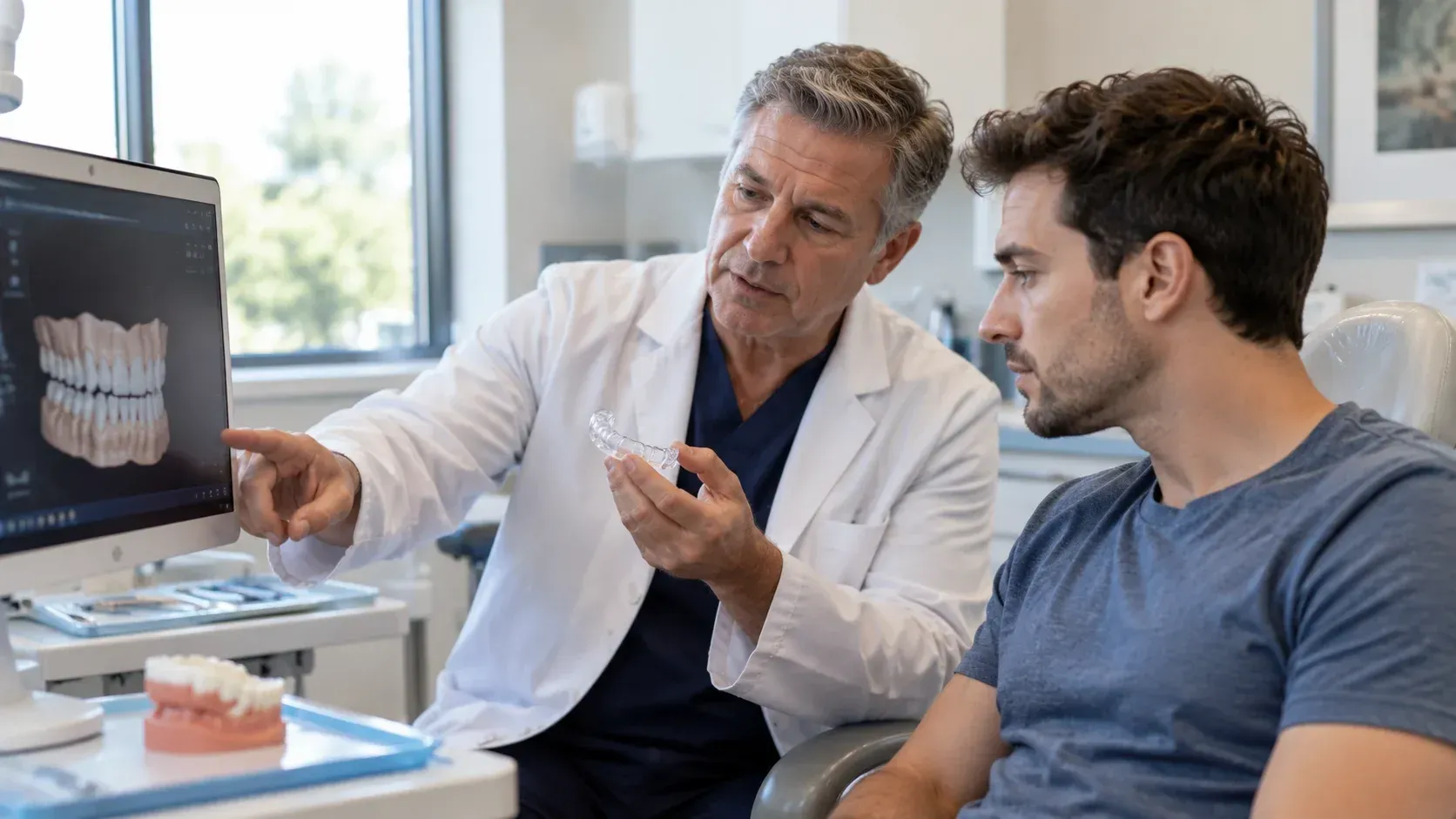 Dentist reviewing panoramic X-ray with a male patient discussing custom nightguards.