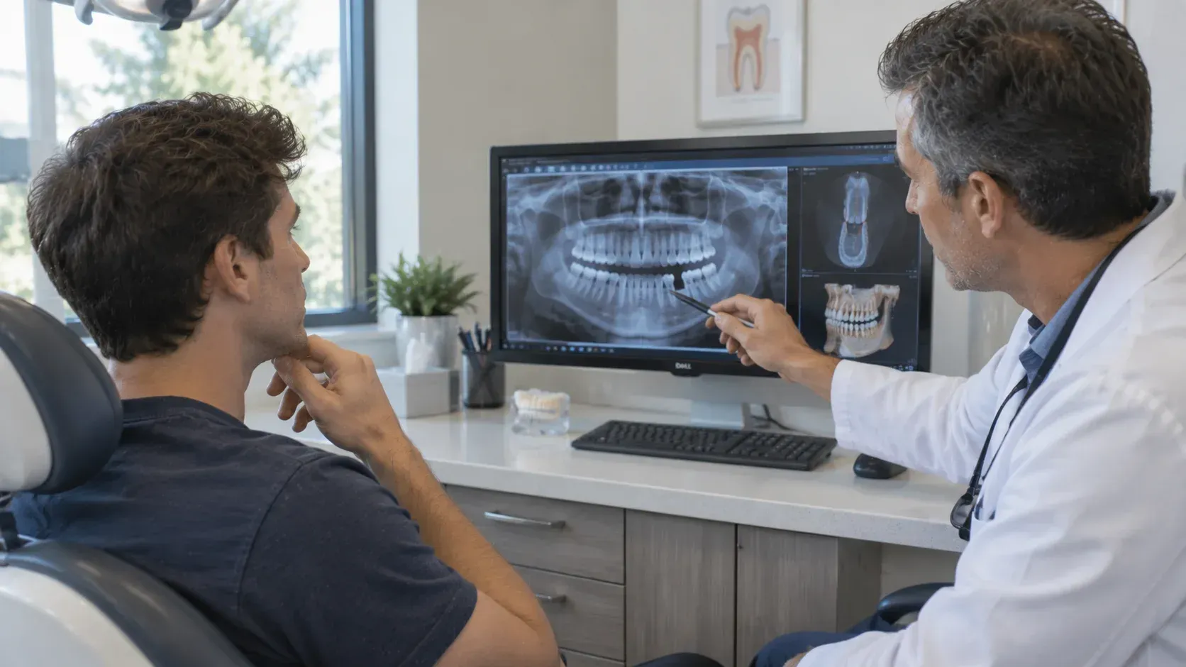 Dentist uses a pointer to explain jawbone changes on a panoramic X-ray to a male patient.