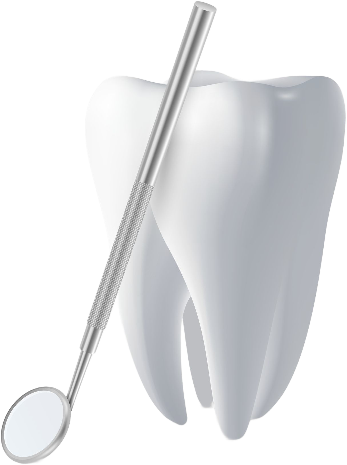 Tooth and dental mirror, white with silver handle, for dental check-up.