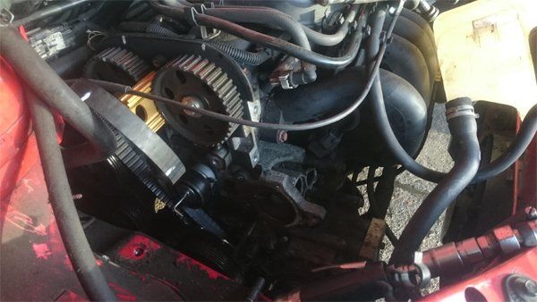 Inside of an engine that is being repaired