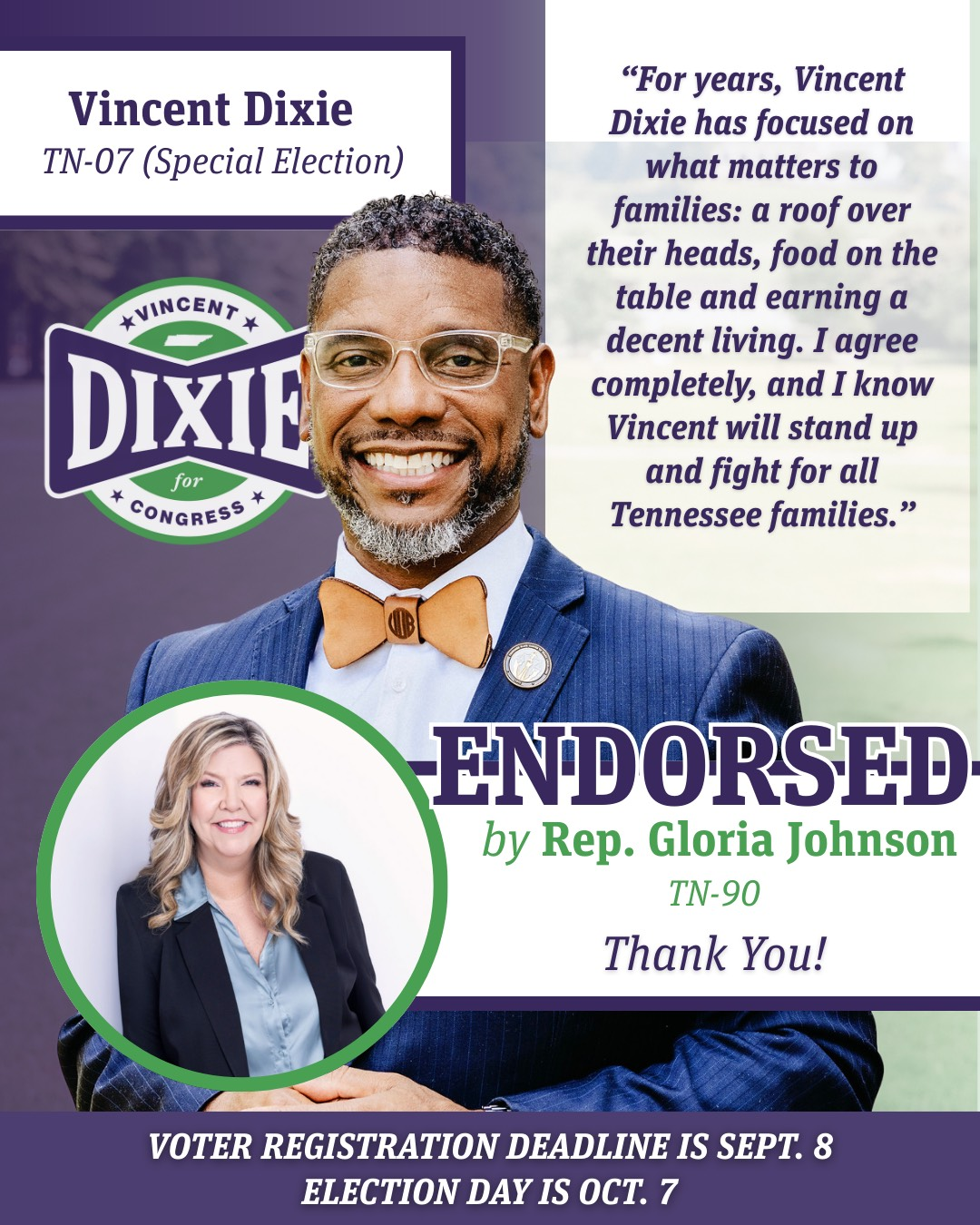 Vincent Dixie is endorsed by TN State Representative Gloria Johnson