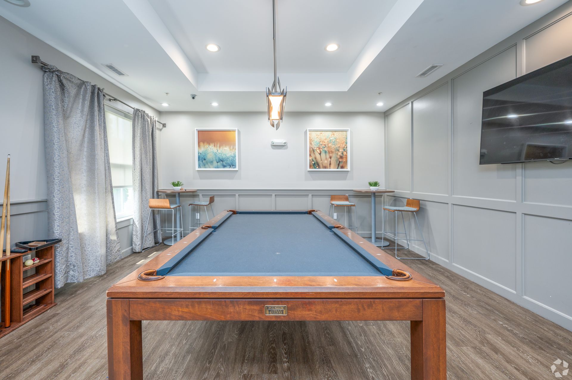 The Residences At Great Pond apartment community entertainment lounge with billiard.