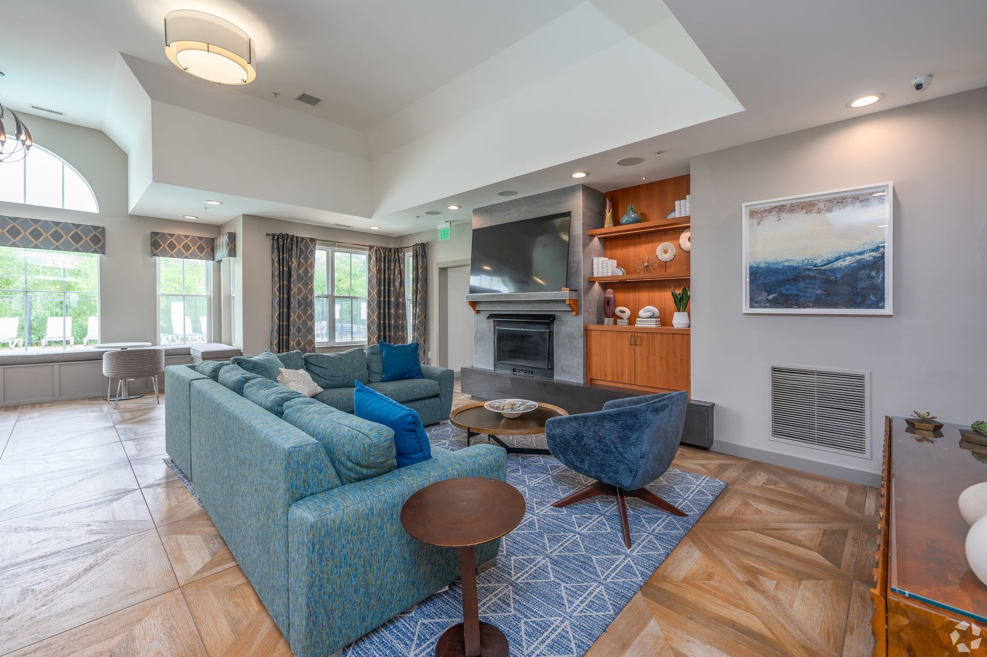 The Residences At Great Pond clubhouse with oversized windows.