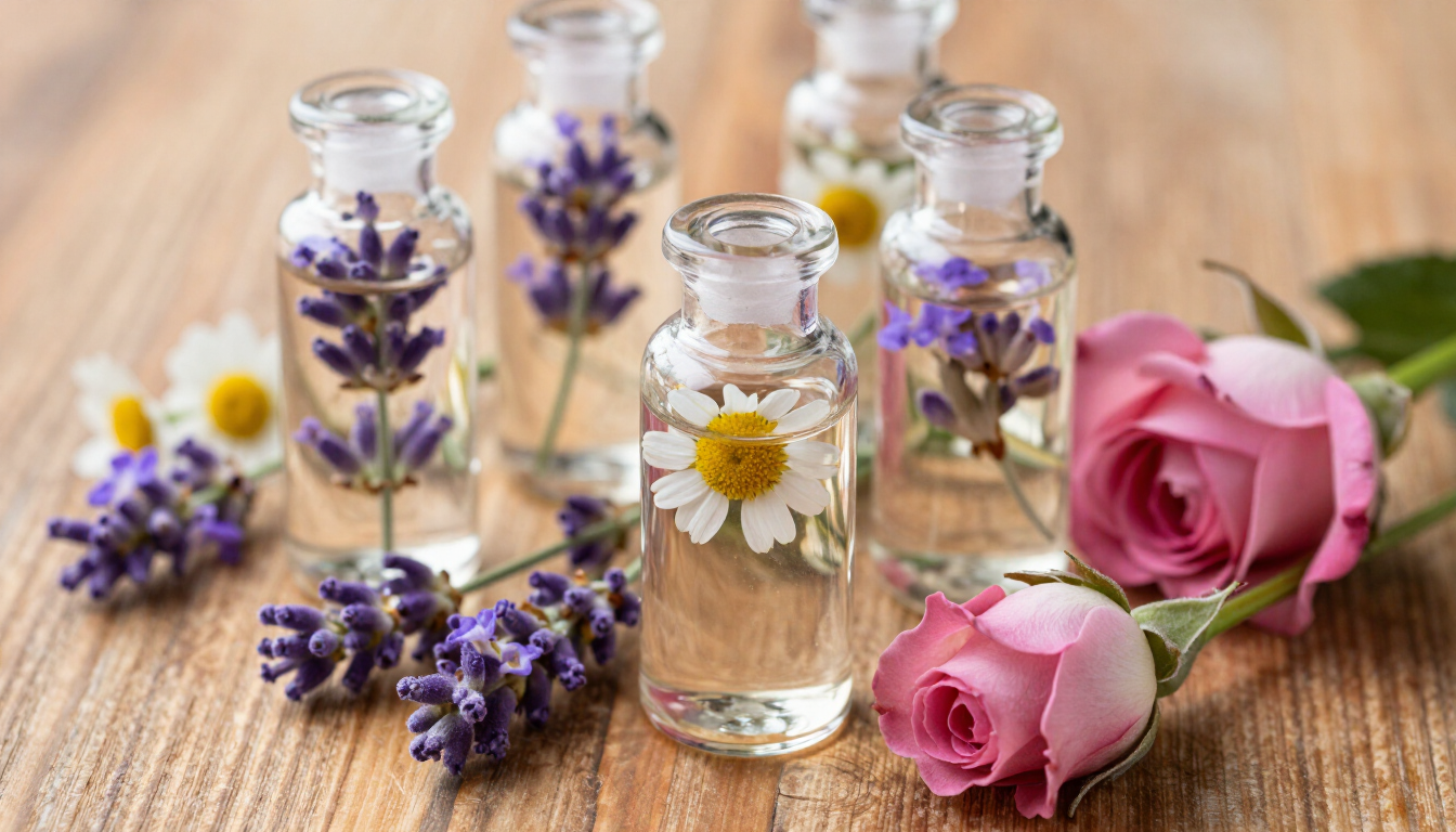 Pequeñas botellas de vidrio con lavanda y margaritas junto a rosas rosadas sobre una mesa de madera.