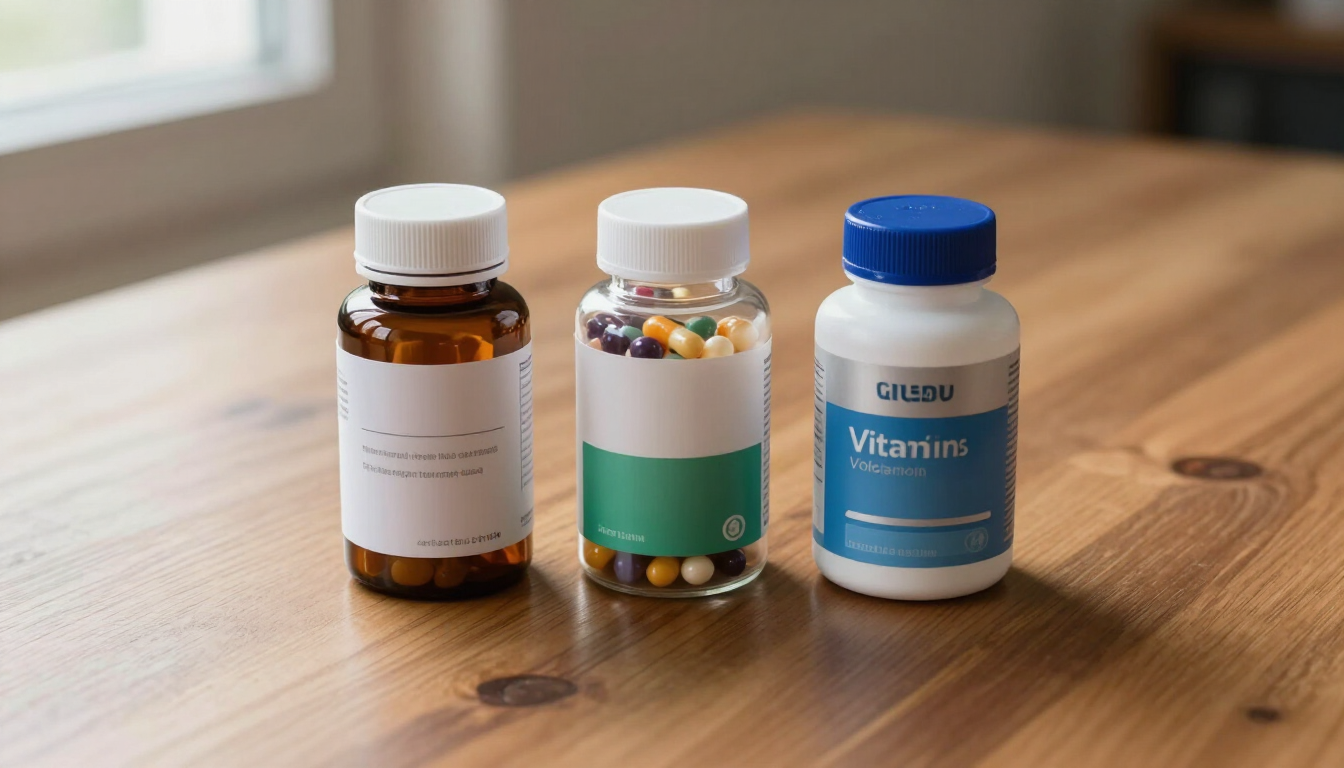 Tres frascos de medicamentos con tapones blancos y azules sobre una mesa de madera.