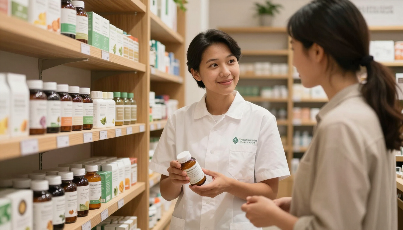 Farmacéutico hablando con un cliente en un pasillo luminoso de la farmacia, sosteniendo un frasco y sonriendo.