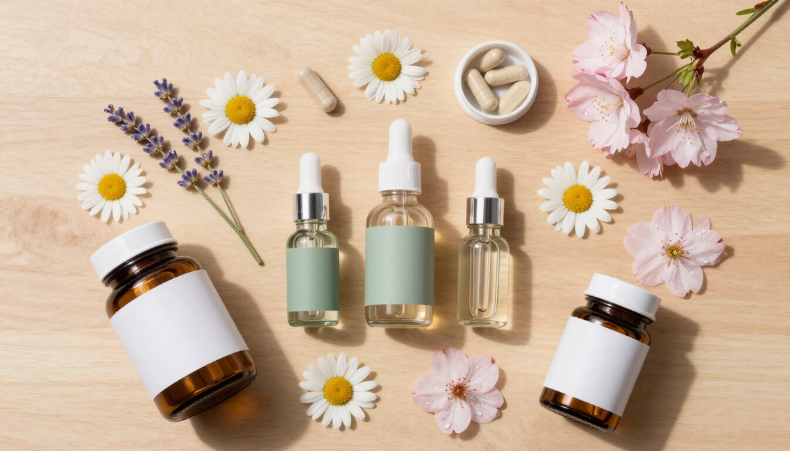 Productos naturistas y suplementos en una composición premium