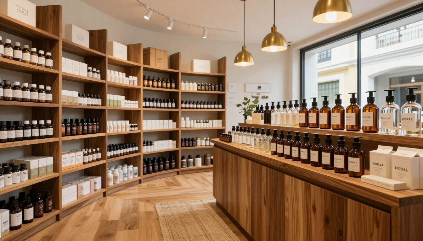 Tienda minorista luminosa con estantes y mostradores de madera que exhiben filas de botellas y frascos.