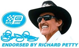 Richard Petty endorsing a logo, smiling in sunglasses and black hat with blue autograph text.