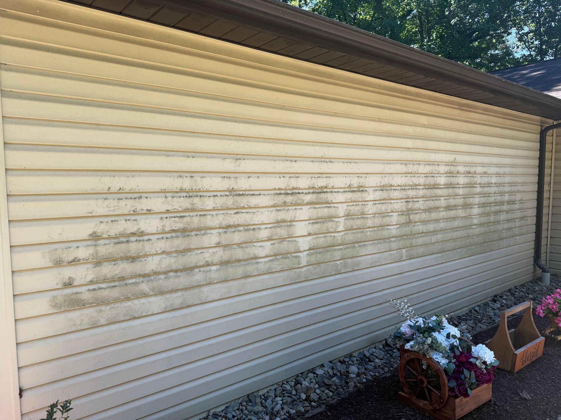 Dirty white vinyl siding on a house exterior before Mr Lucky's Exterior cleaning services