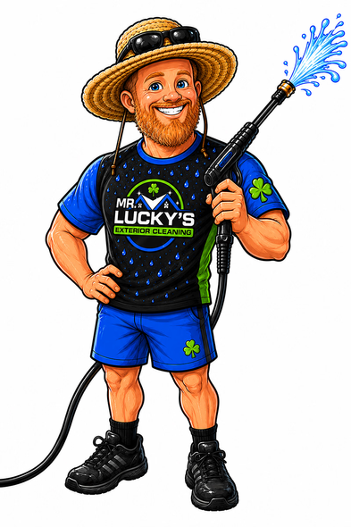 Smiling worker in blue uniform and straw hat holding a pressure washer spraying water