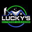 Lucky’s Exterior Cleaning logo with blue house roof, green and blue circle, and worker silhouette