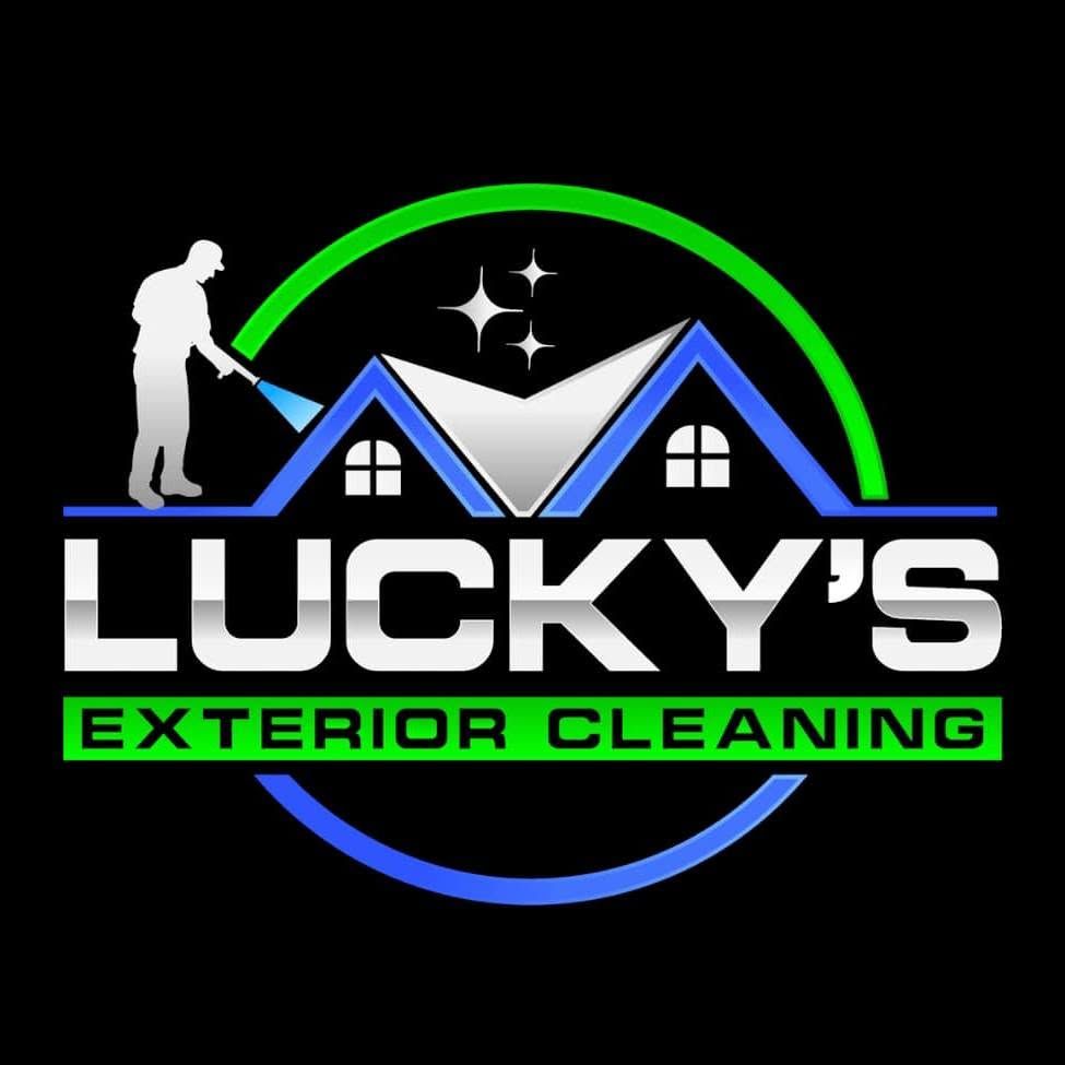 Lucky’s Exterior Cleaning logo with blue house roof, green and blue circle, and worker silhouette
