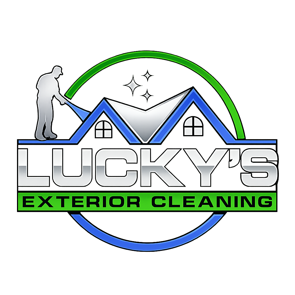 Lucky's Exterior Cleaning logo with roofline, green and blue circle, and worker silhouette