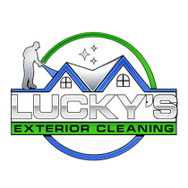 Lucky's Exterior Cleaning logo with roofline, green and blue circle, and worker silhouette