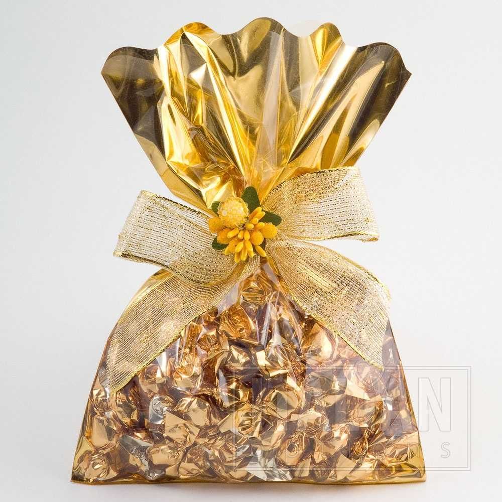Clear fronted gold foil gift bags