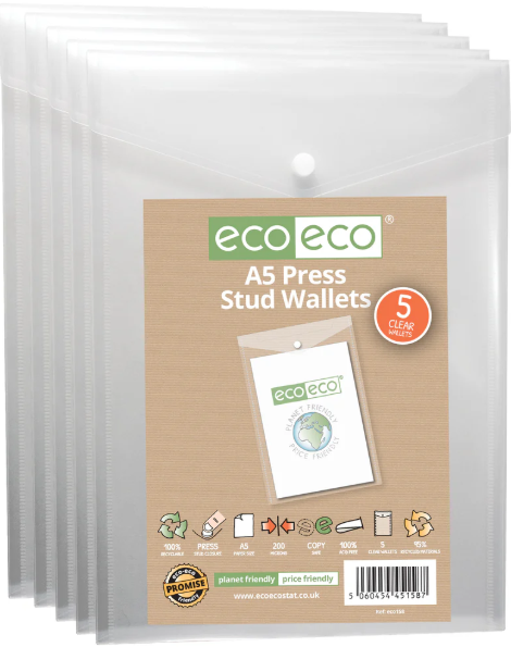 5 pk A5 95% Recycled Portrait Press Stud Wallets
