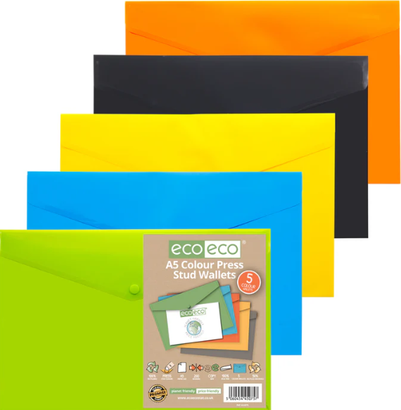 Pack 5 A5 50% Recycled Colour Press Stud Wallets