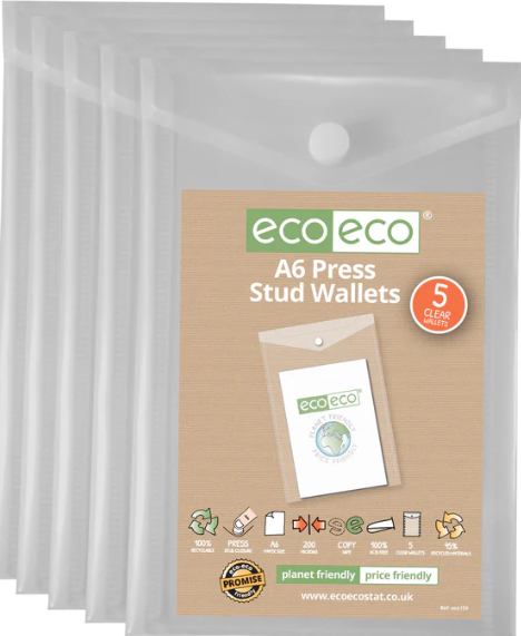 Pack 5 A6 95% Recycled Portrait Press Stud Wallets