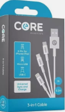 Core 3-in-1 Cable 0.2m TPE White 2.4A/12W Fast Charge