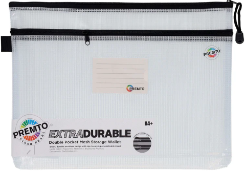 PREMTO A4+ EXTRA DURABLE DOUBLE POCKET MESH STORAGE WALLET - CLEAR PEARL