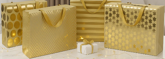 Gold Print Gift Bags - Pack of 12 Brown 23 x 16 x 11 cm