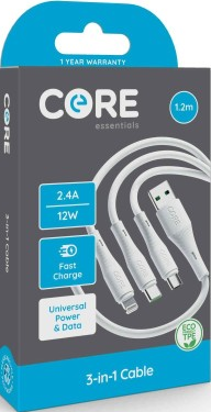 Core 3-in-1 Cable 1.2m 2.4A 12W Fast Charge