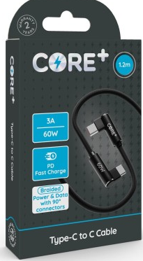 CORE+ Type-C to C 90° Cable 1.2m Braided Black 3A/60W