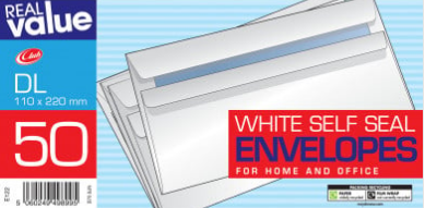 REAL VALUE PACK OF 50 DL WHITE SELF SEAL ENVLOPES 20s