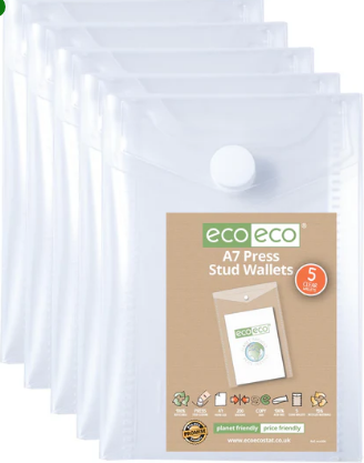 Pack 5 A7 95% Recycled Clear Portrait Press Stud Wallets