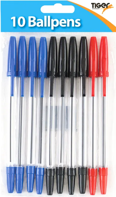 Tiger Ballpoint Pens Black Blue and Red 10 Pack