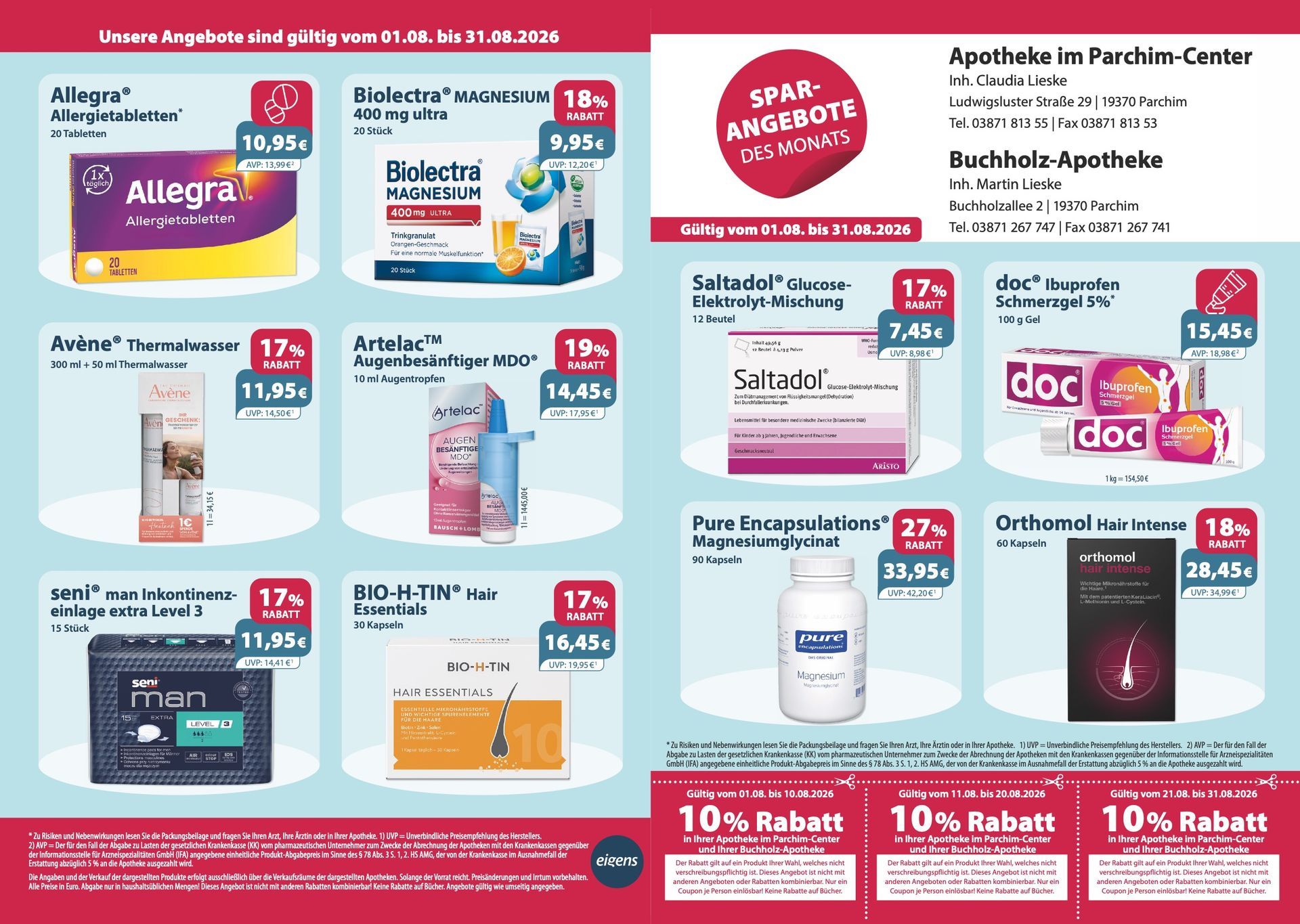 Ein Flyer für eine Apotheke mit der Aufschrift „10 % Rabatt“