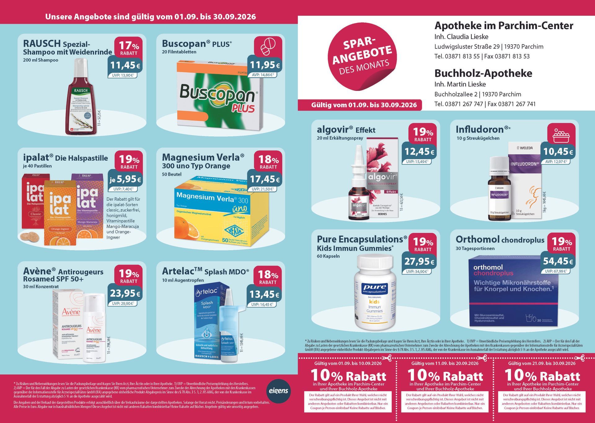 Ein Flyer für eine Apotheke mit der Aufschrift „10 % Rabatt“