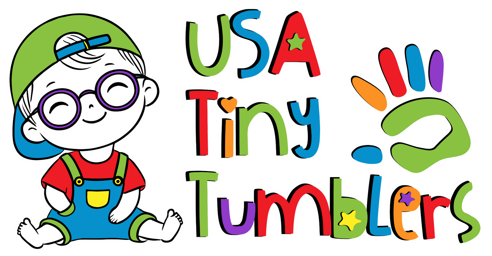 A logo for usa tiny tumblers with a boy wearing glasses and overalls