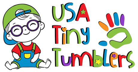 A logo for usa tiny tumblers with a boy wearing glasses and overalls