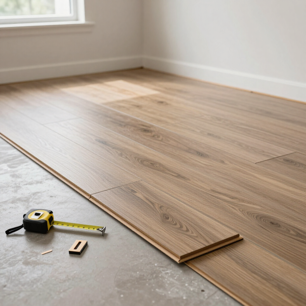 Light wood flooring being installed in an empty room, with a tape measure on the floor.
