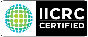 A logo featuring a blue and green dotted globe next to the text IICRC Certified logo with teal-green globe icon and white text on black background