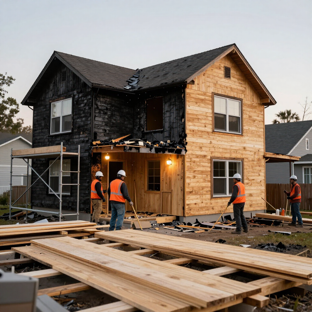 Workers framing a two-story house exterior with plywood siding and exposed blackened upper walls after fire damage.