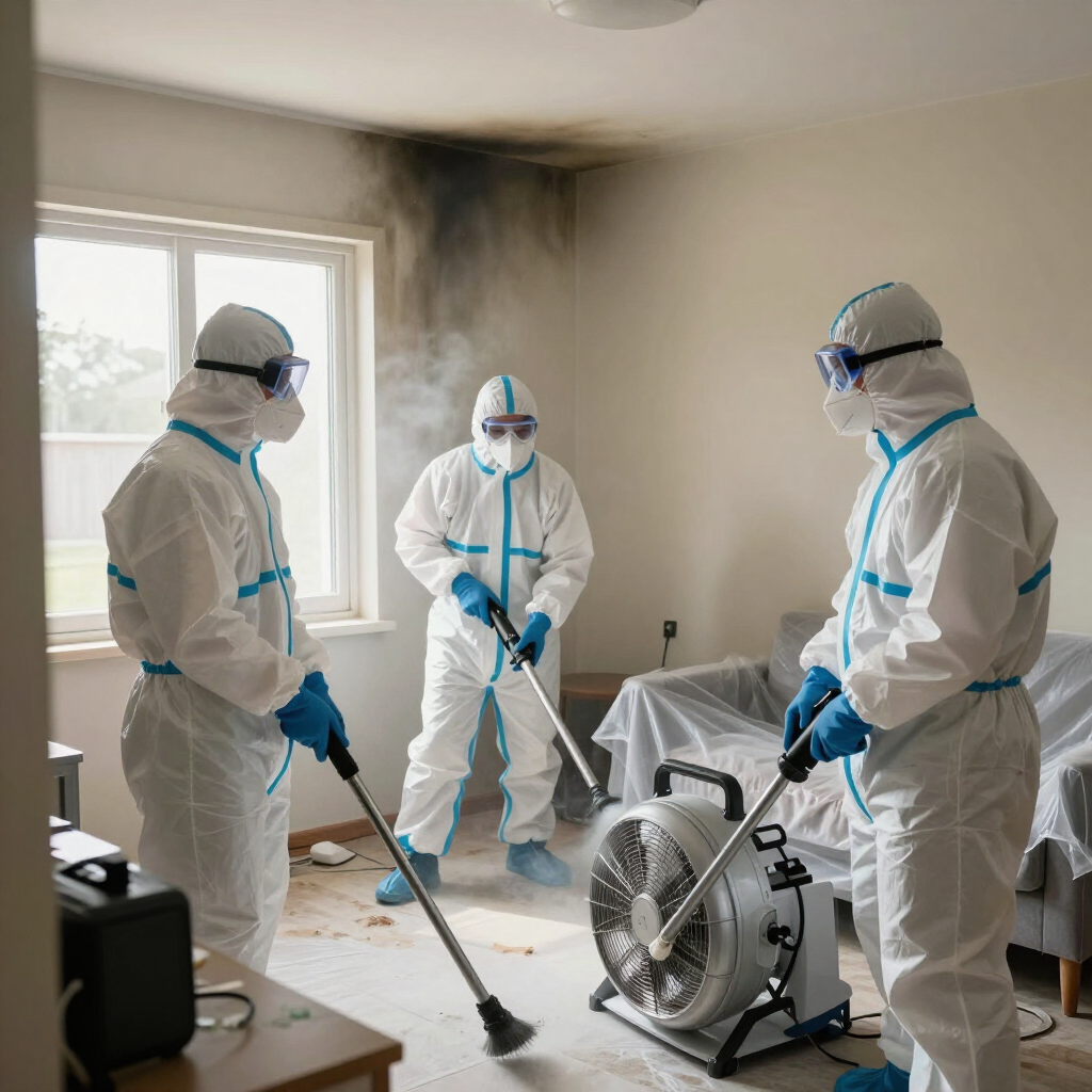 Three workers in white hazmat suits clean a smoke-damaged room with a fan and mop