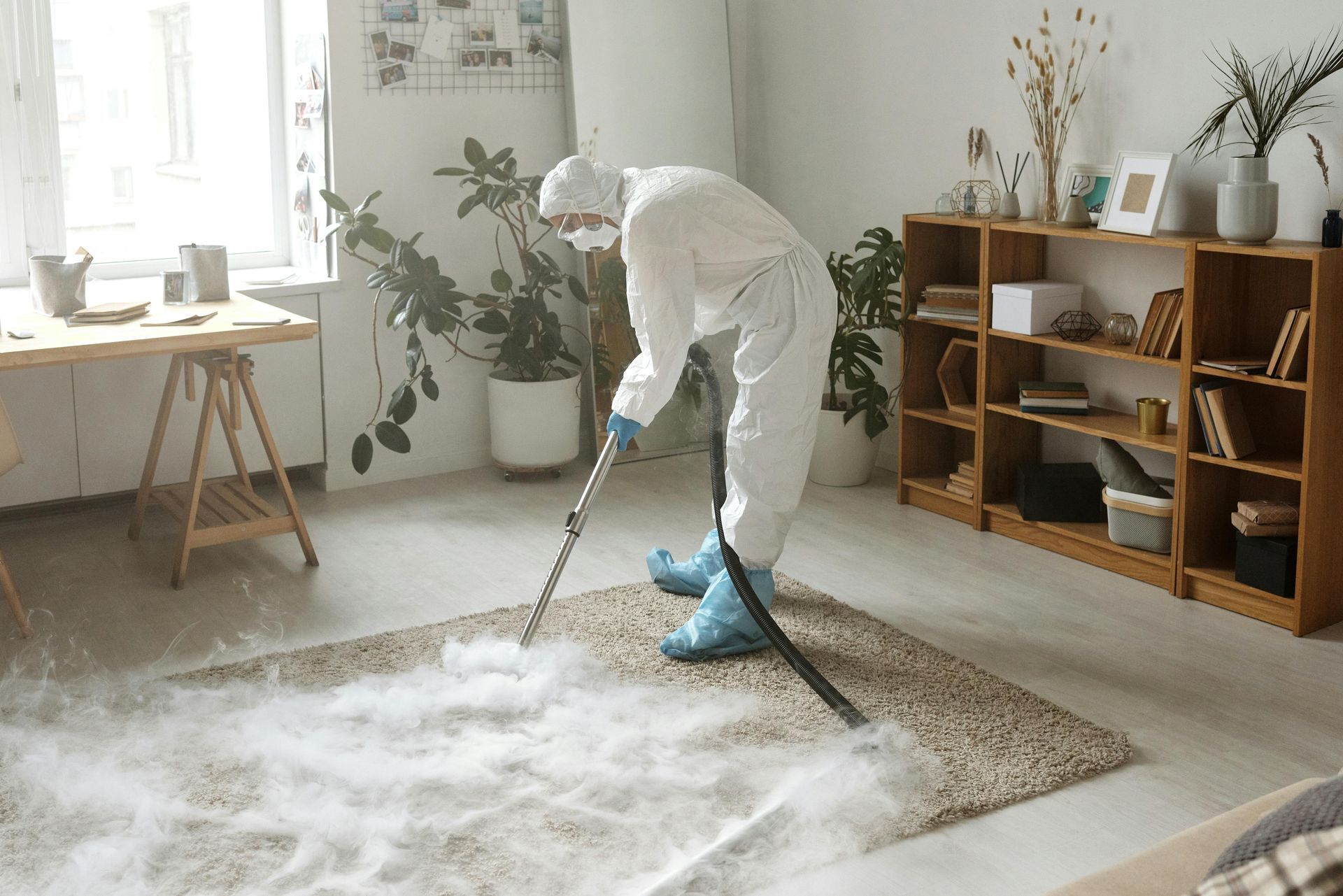 Person vacuuming a white rug in a bright living room with plants and wooden shelves