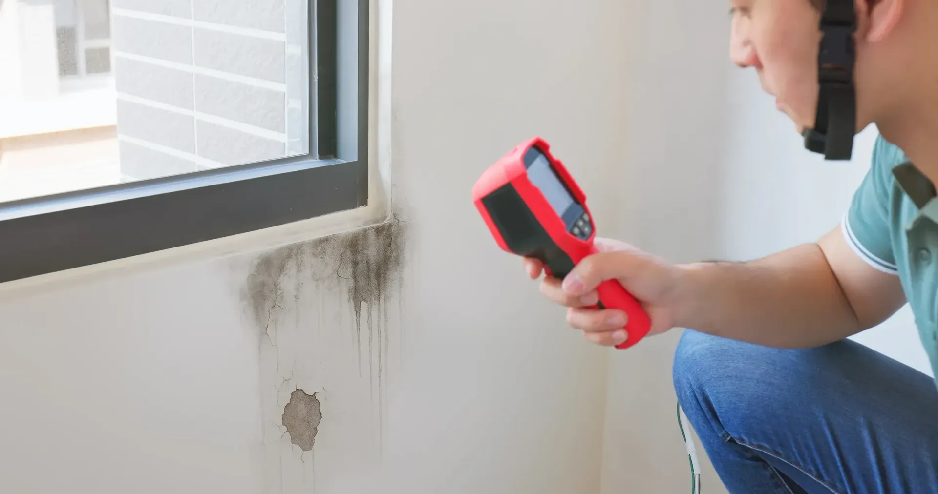 Person using a red moisture meter to check damp stains on a white wall near a window.