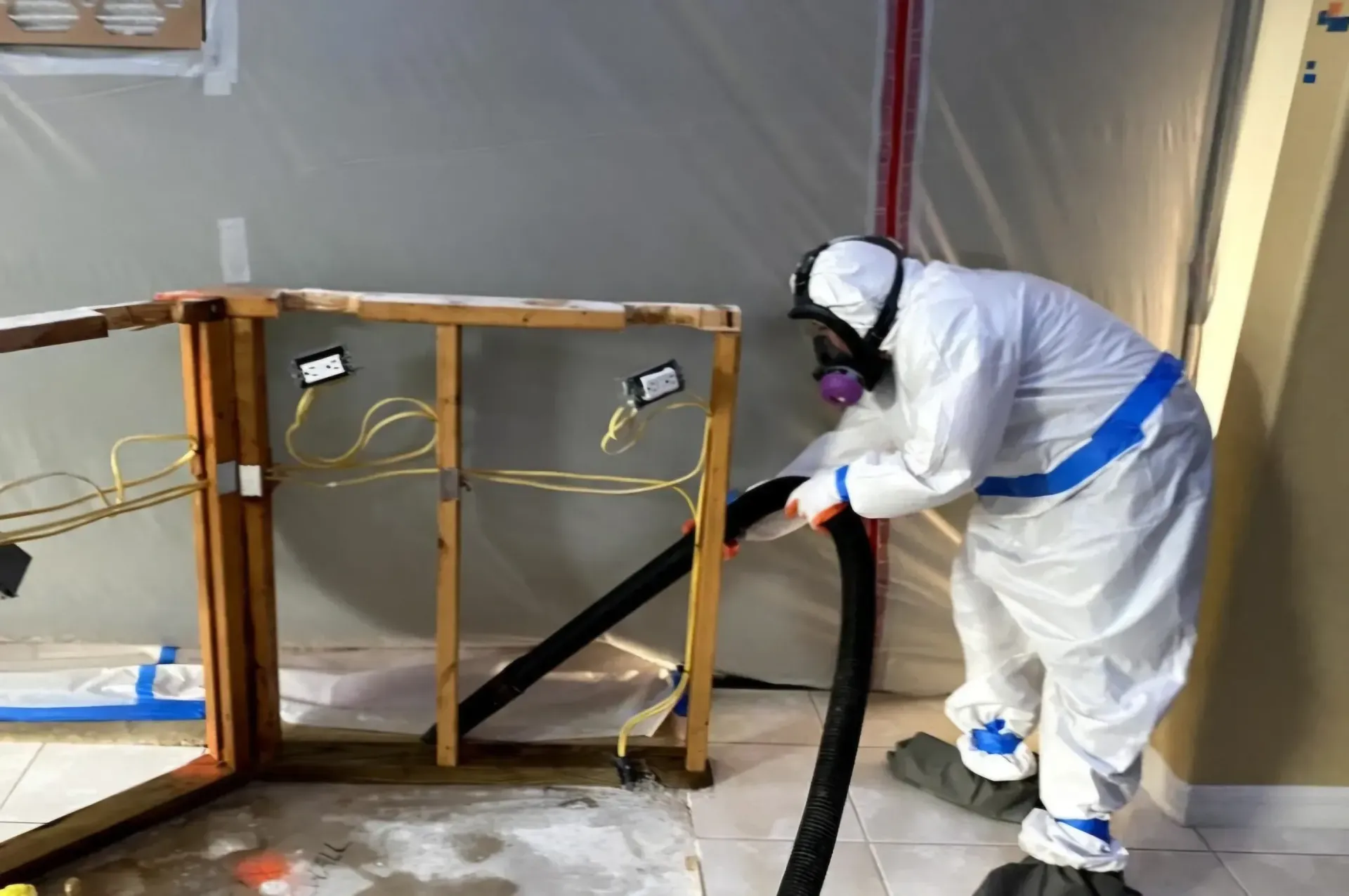 Worker in protective suit vacuuming debris near a partially dismantled wall.