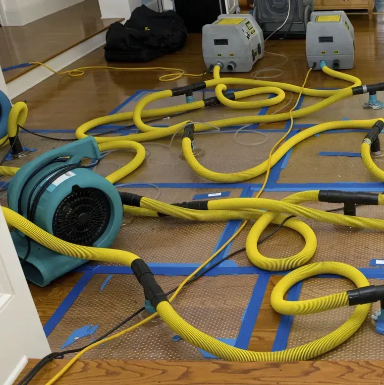 Hardwood floor drying equipment with suction hoses and blue tape installed for water damage restoration.