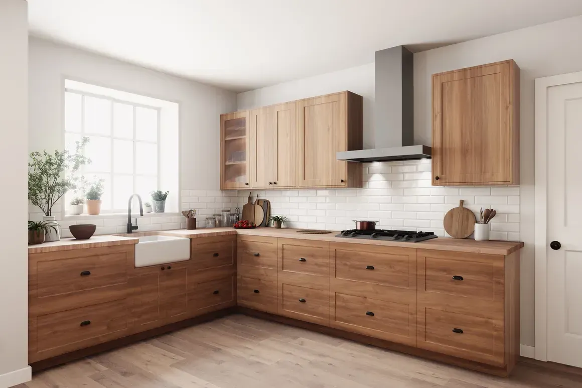 Modern kitchen with light wood cabinets, white countertops, and a farmhouse sink by a bright window.