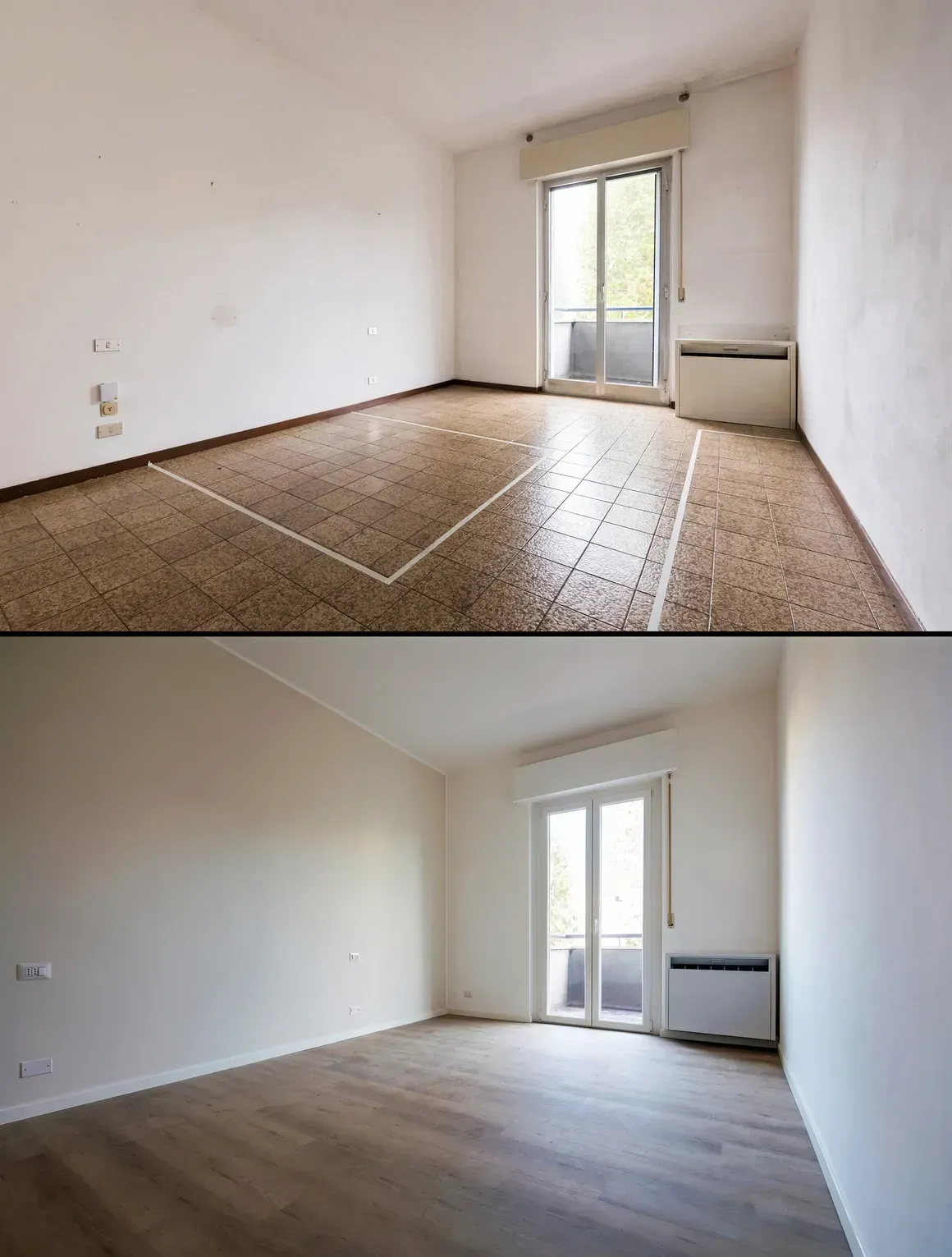 A before and after comparison of a room renovation, showing a tile floor replaced with light-toned wood flooring.