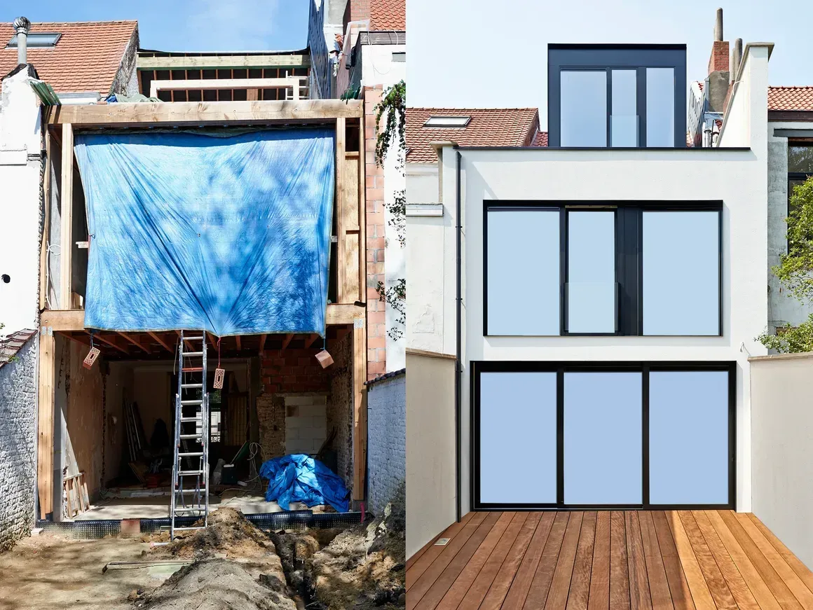 Split view showing the renovation of a house’s back exterior, from an open construction frame to a finished glass facade.