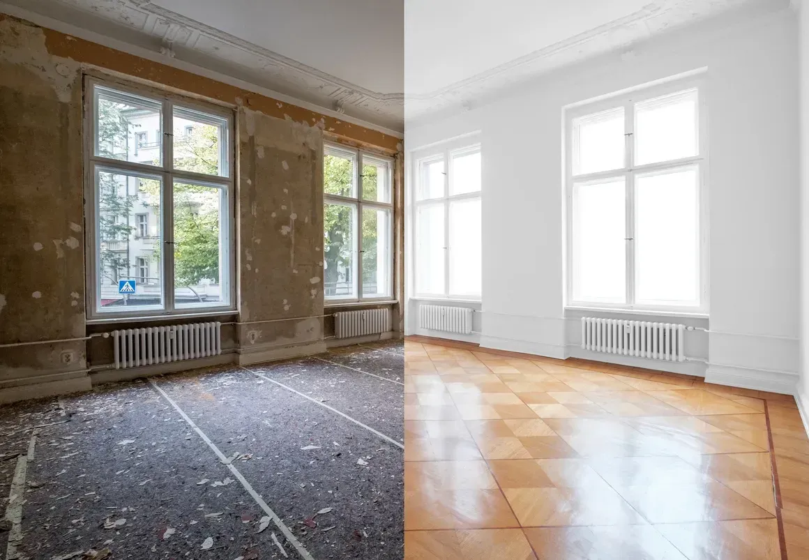 A side-by-side comparison of a room interior before and after renovation, showing bare walls and new wood flooring.