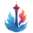 SeaTown Restoration Stylized blue and red Seattle Space Needle logo with flowing water and flame shapes