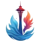 SeaTown Restoration Stylized blue and red Seattle Space Needle logo with flowing water and flame shapes